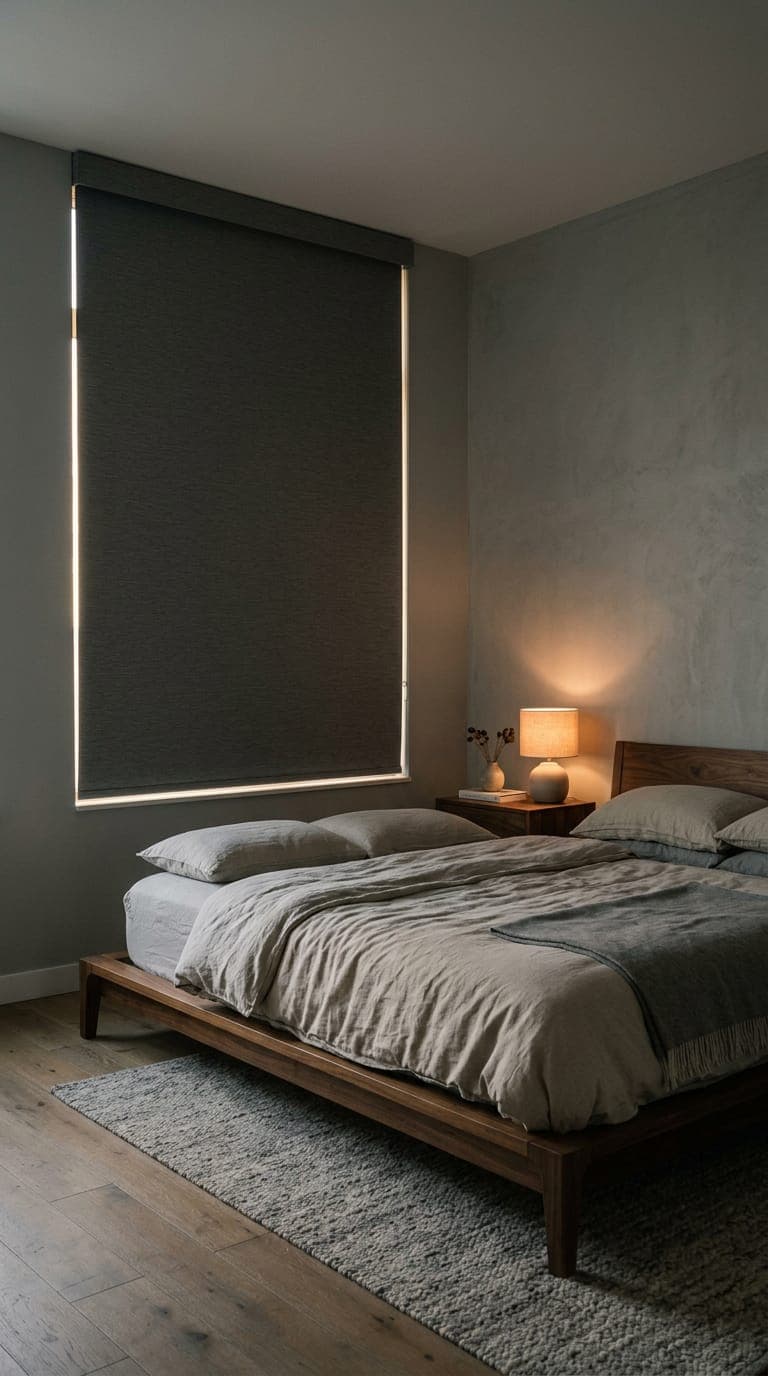 Calm condo bedroom with a dark blackout roller shade fully lowered