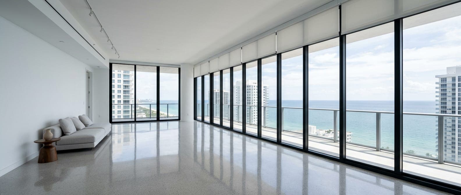 Wide condo interior with a continuous wall of floor-to-ceiling windows facing the ocean
