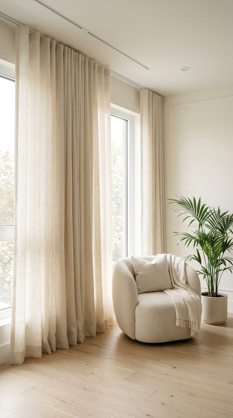 Ivory floor-to-ceiling drapery glowing with afternoon sunlight in a contemporary condo