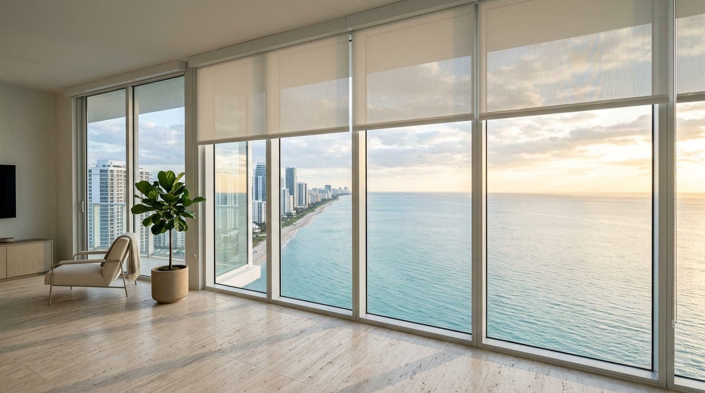 Late-afternoon light over the ocean seen through floor-to-ceiling condo windows