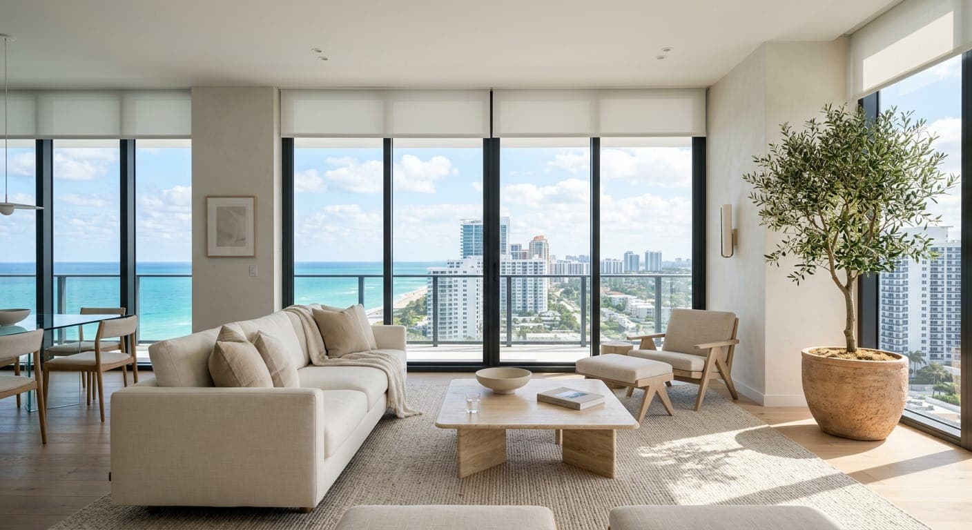 Bright high-rise condo living room with white roller shades above floor-to-ceiling windows overlooking the ocean