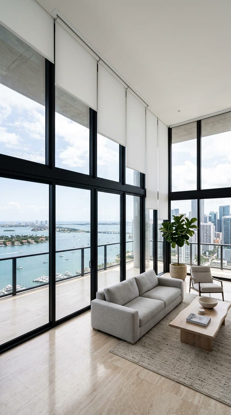 Tall wall of condo glass fitted with a row of clean roller shades at different heights