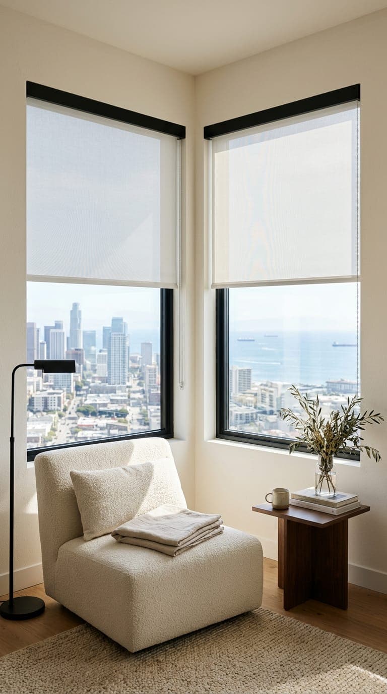 Light-filtering solar shades softening daylight while keeping the skyline view visible